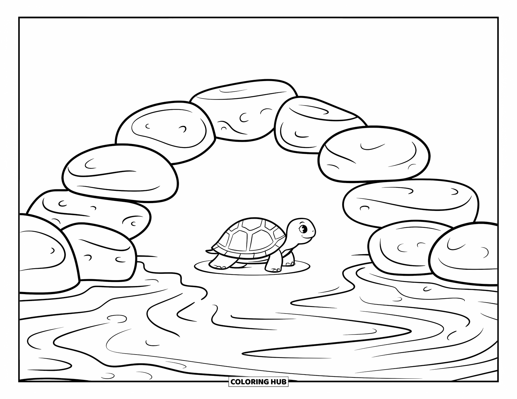 Baby Turtle Coloring Page for Kids: A round-shelled baby turtle swims beneath a smooth stone tide pool bridge