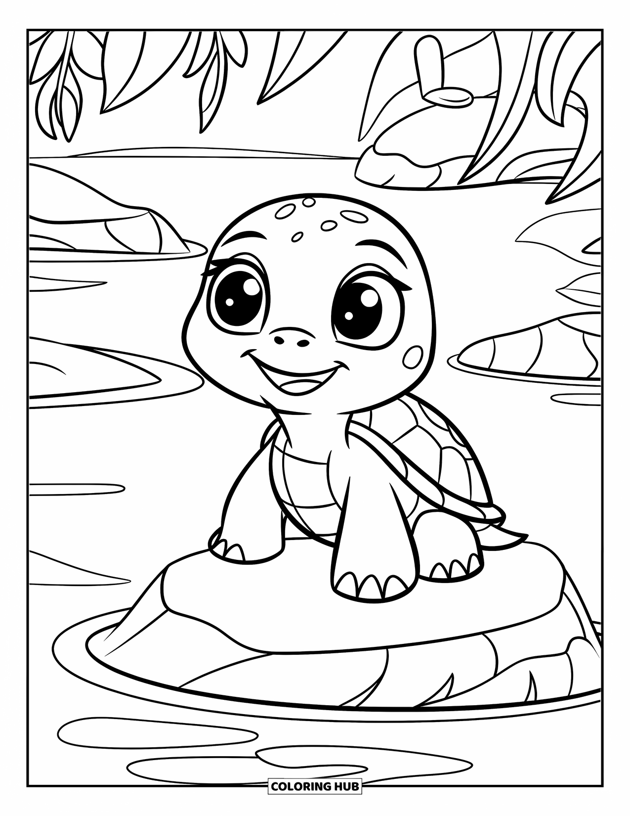 Baby Turtle Coloring Page for Kids: A smiling baby turtle rests on a rock near calm water and greenery