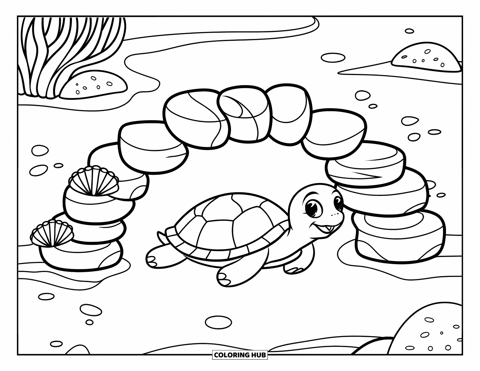 Baby Turtle Coloring Page for Kids: A tiny turtle explores under a stone bridge with sea anemones and sandy seabed
