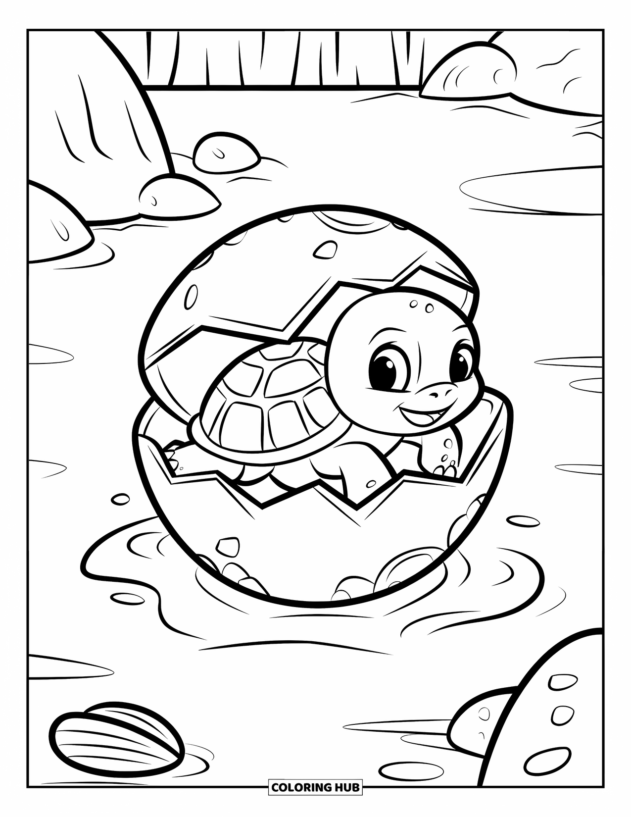 Baby Turtle Coloring Page for Kids: A tiny turtle hatches in soft sand with shells and other eggs nearby