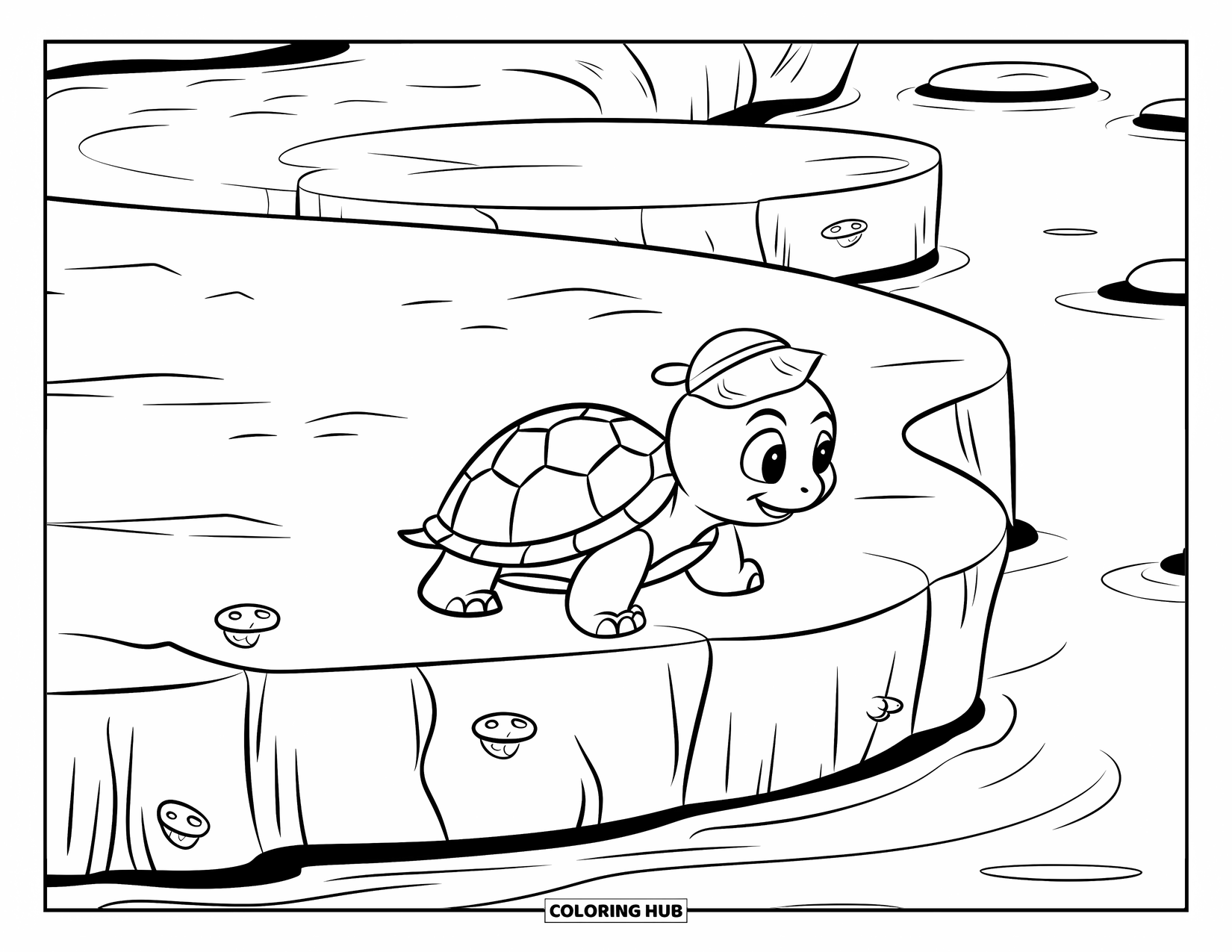 Baby Turtle Coloring Page for Kids: A turtle in a little hat climbs a barnacled rock with water all around