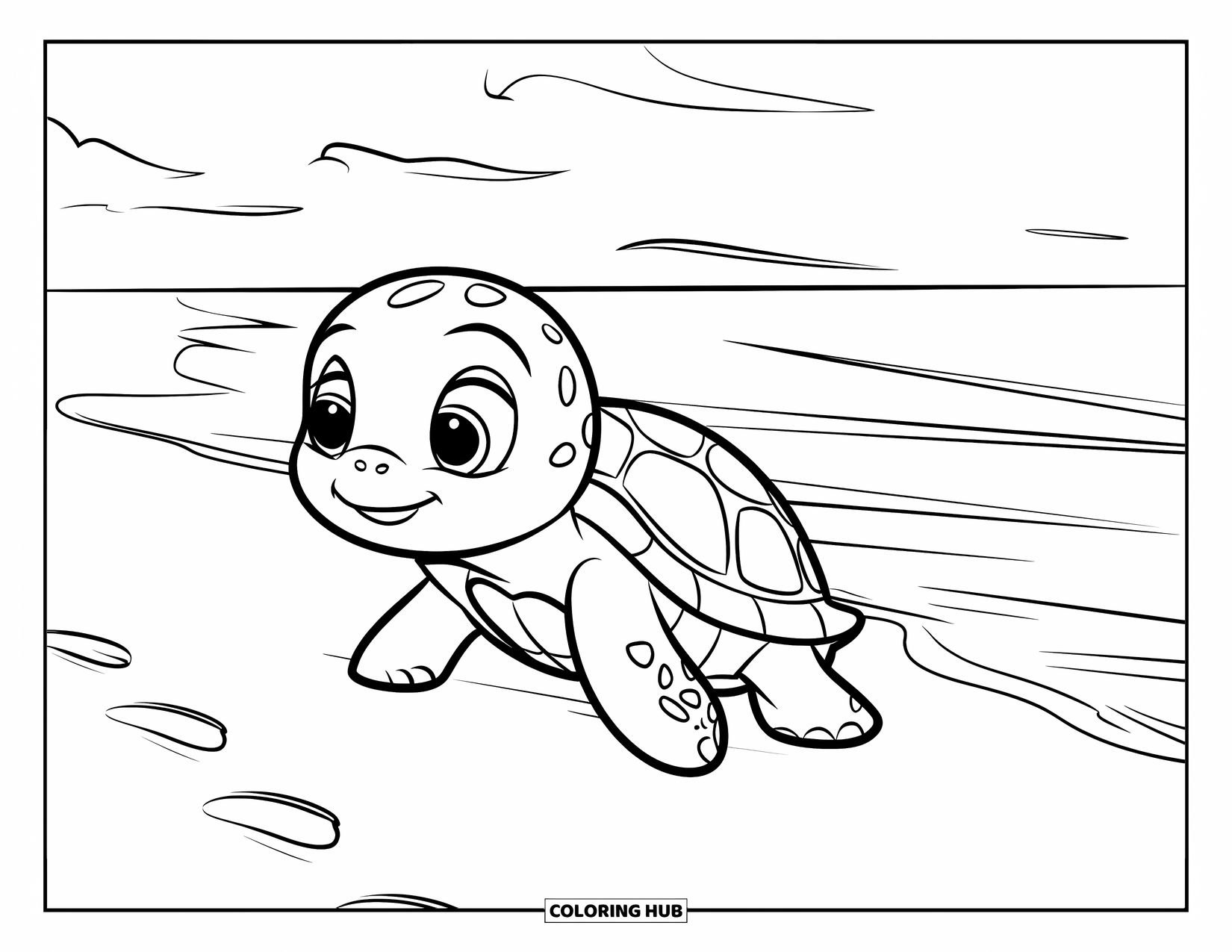 Baby Turtle Coloring Page for Kids: A turtle makes its way across the beach toward the wavy sea