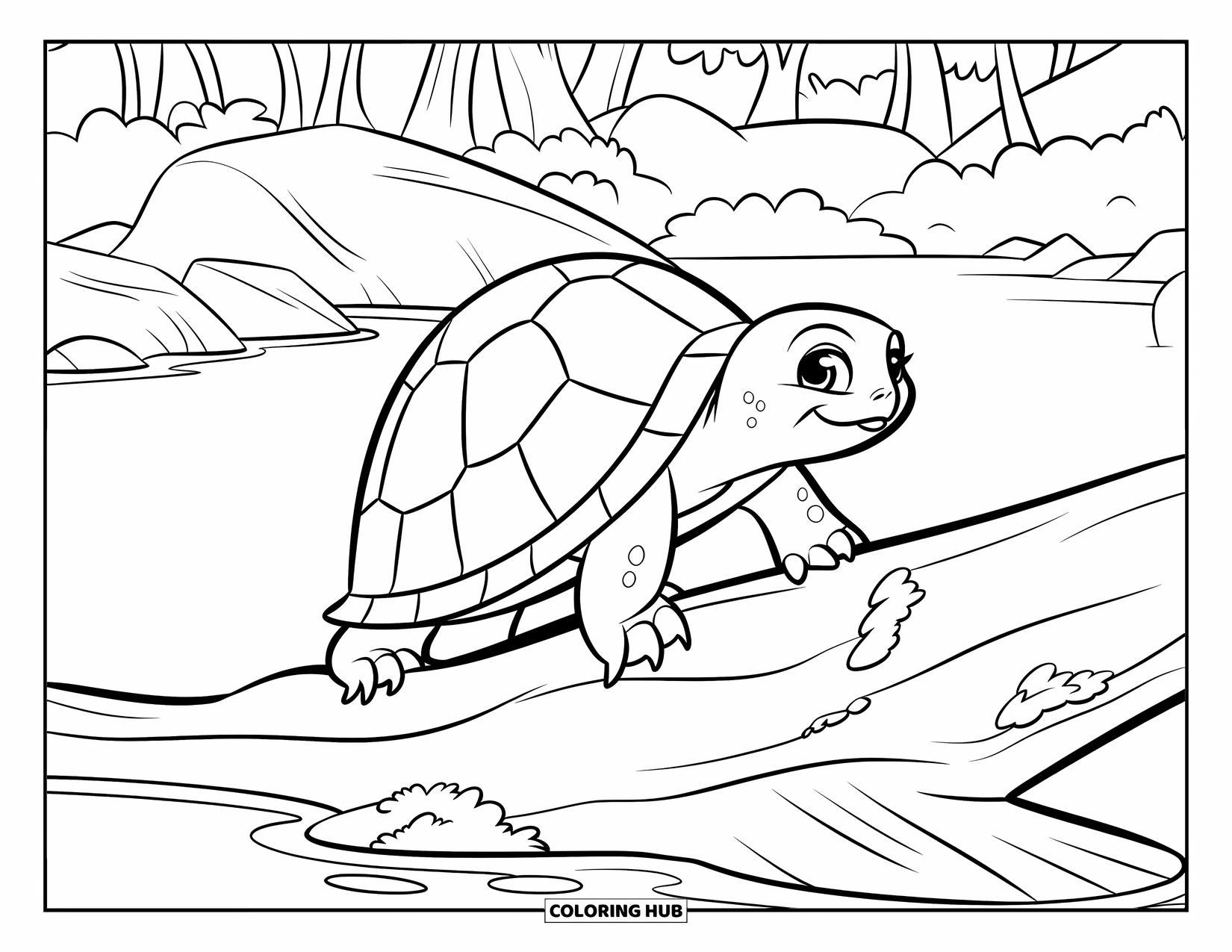 Baby Turtle Coloring Page for Kids: A turtle moves up a floating log with moss, near trees and rocks
