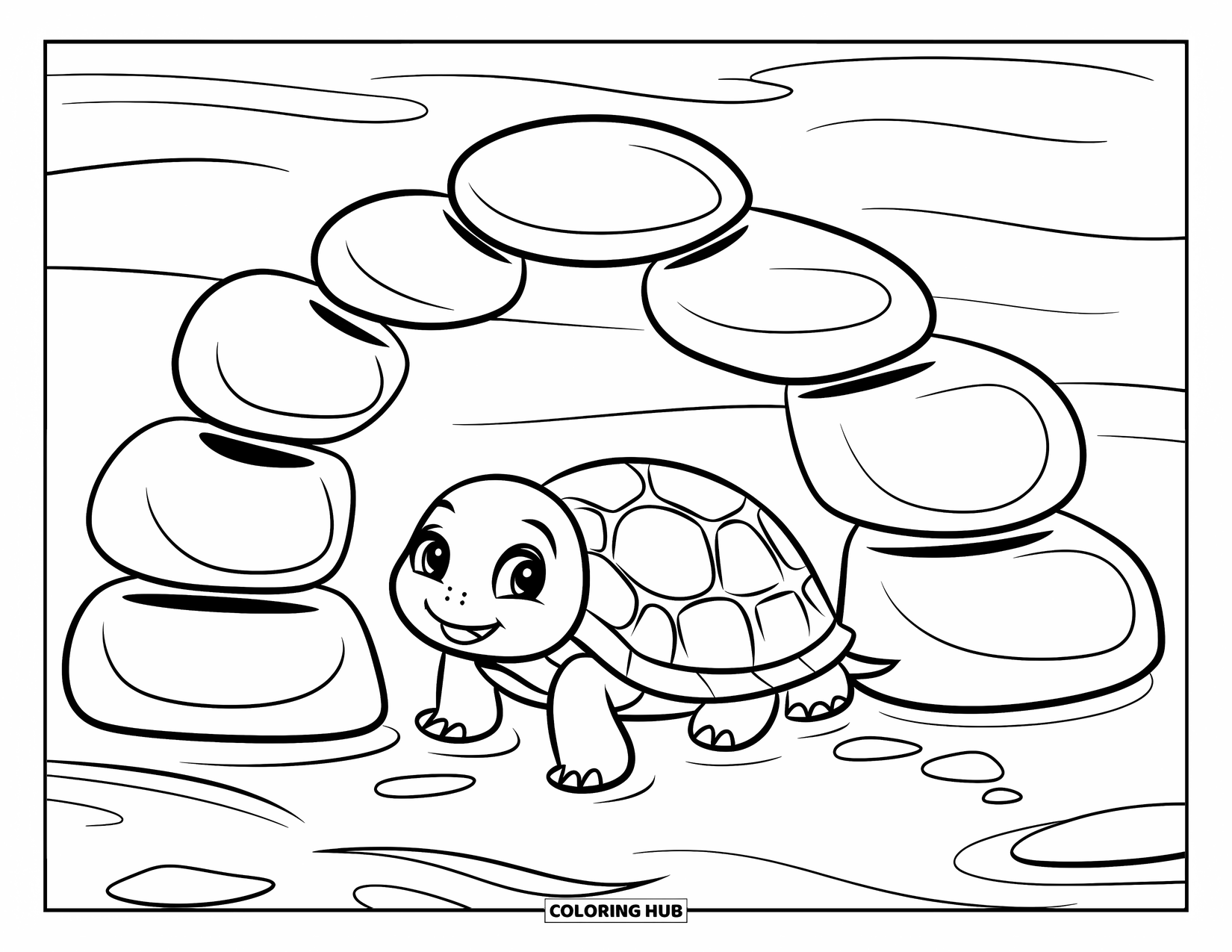 Baby Turtle Coloring Page for Kids: A turtle rests under an arch of smooth river stones and gentle waves