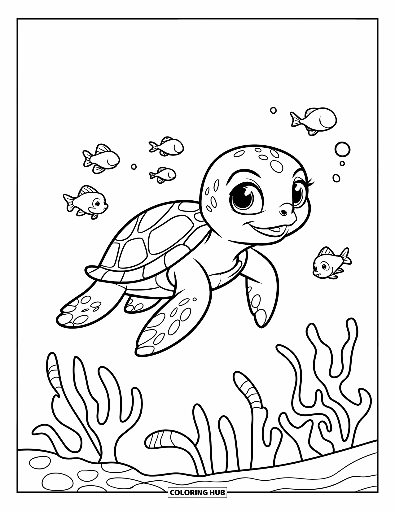 Baby Turtle Coloring Page for Kids: A turtle swims with fish and seaweed in a calm ocean scene