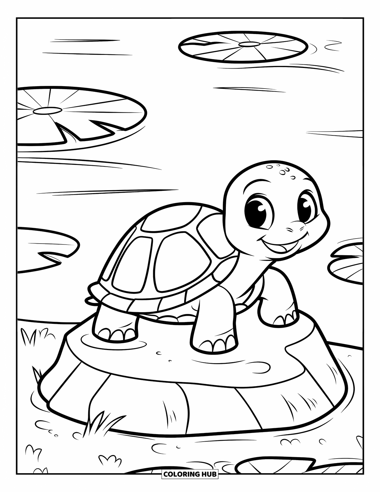 Baby Turtle Coloring Page for Kids: A turtle with a big shell smiles on a rock near water and lily pads