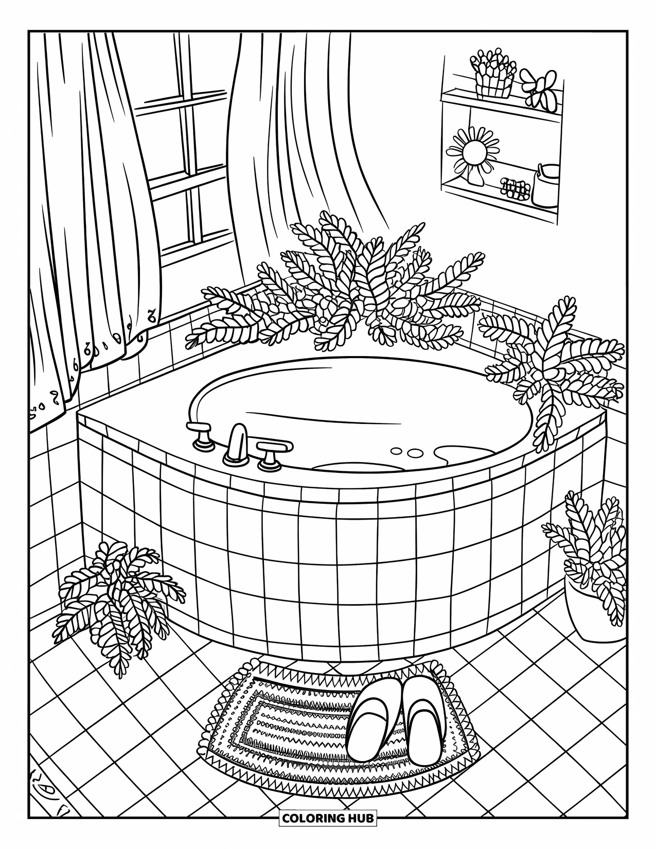 Bathroom Coloring Page for Adults: Bathroom corner with leafy plants, patterned rug, and neat little tub