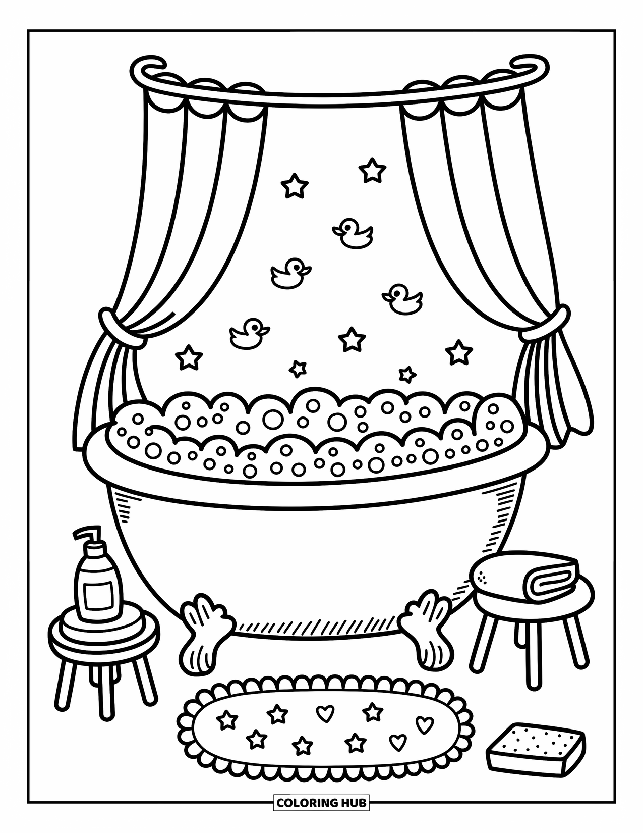 Bathroom Coloring Page for Adults: Bubble-filled tub with rubber ducks, soap bottle, and cozy bath mat