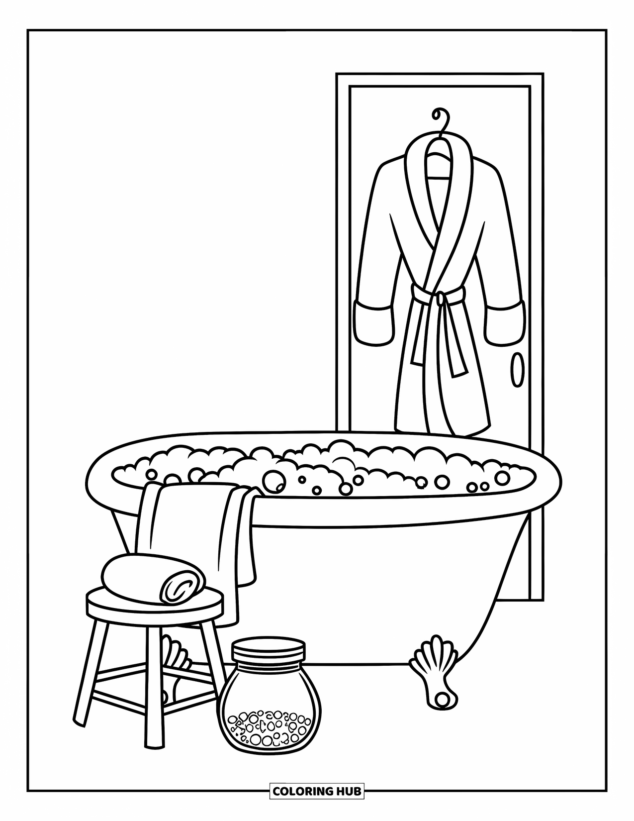 Bathroom Coloring Page for Adults: Bubble tub with bath salts, towel stool, and hanging robe
