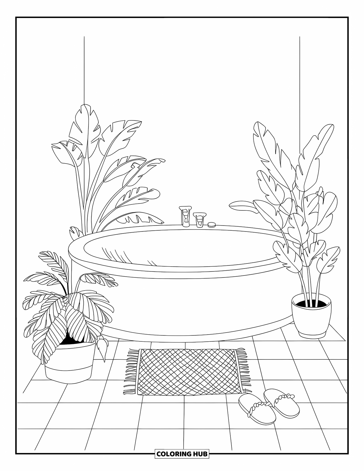Bathroom Coloring Page for Adults: Corner tub surrounded by leafy plants, slippers, and a woven rug