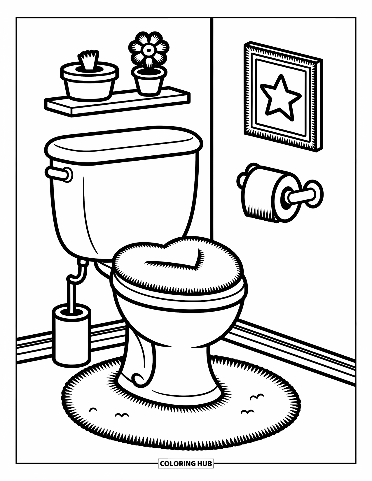 Bathroom Coloring Page for Adults: Heart seat toilet with rug, shelf, air freshener, and a star picture