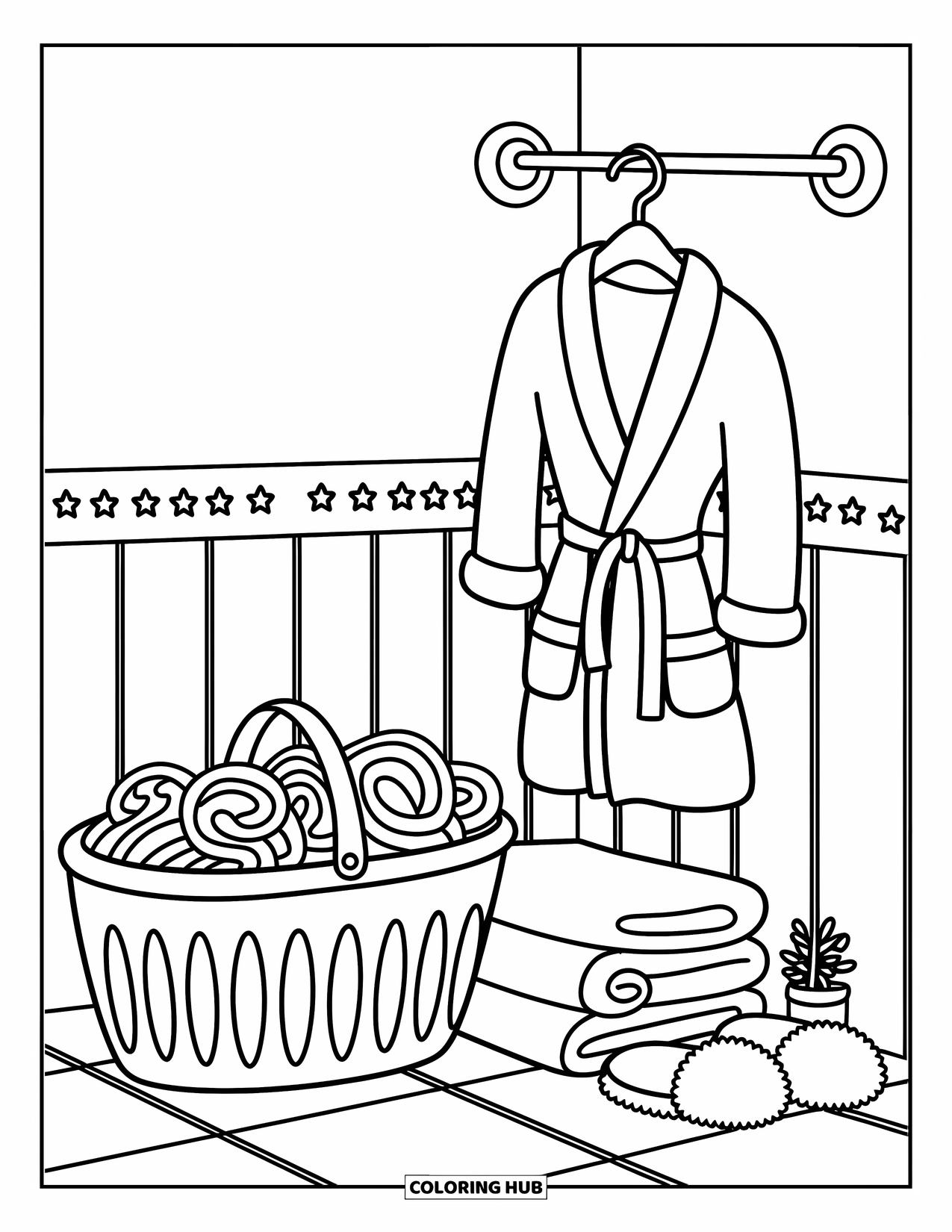 Bathroom Coloring Page for Adults: Laundry, folded towels, and robe with a little plant in a cozy corner