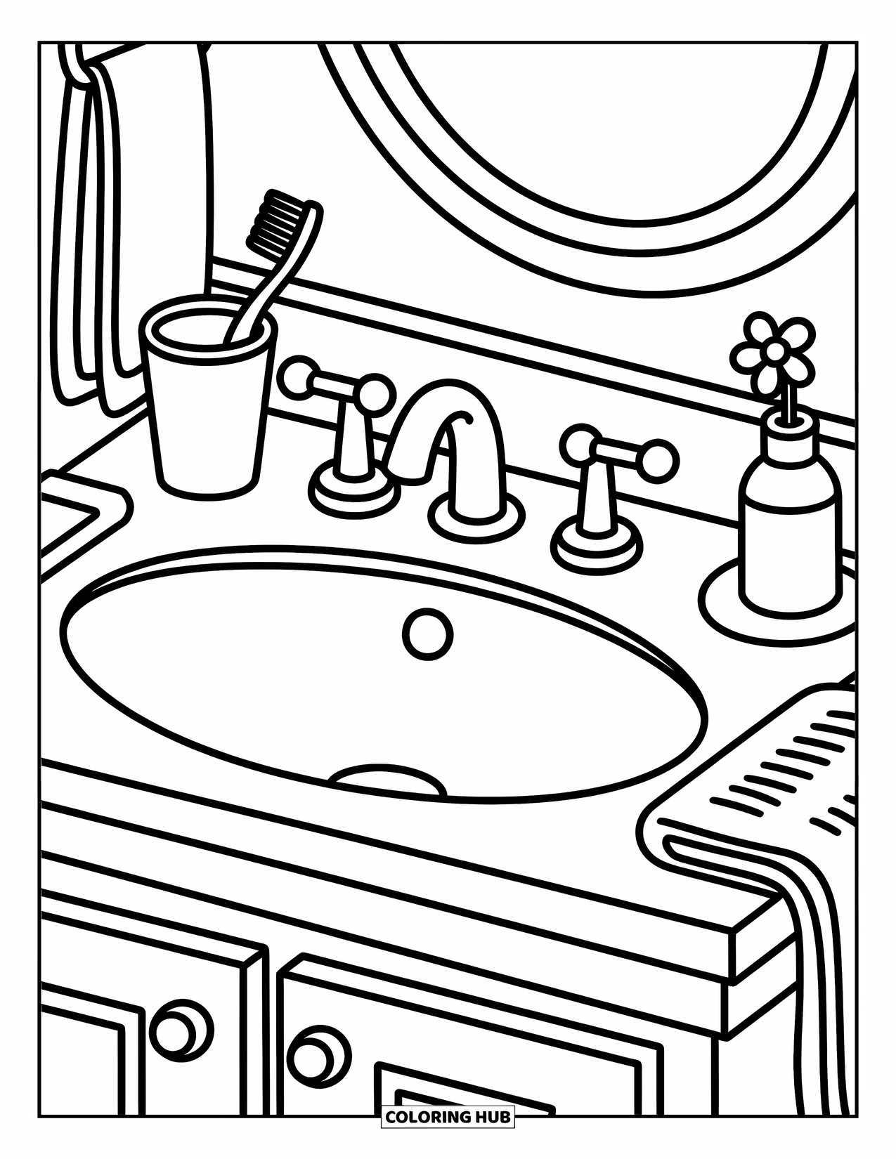 Bathroom Coloring Page for Adults: Mirror and sink with toothbrush cup, soap, towel, and cute little flower