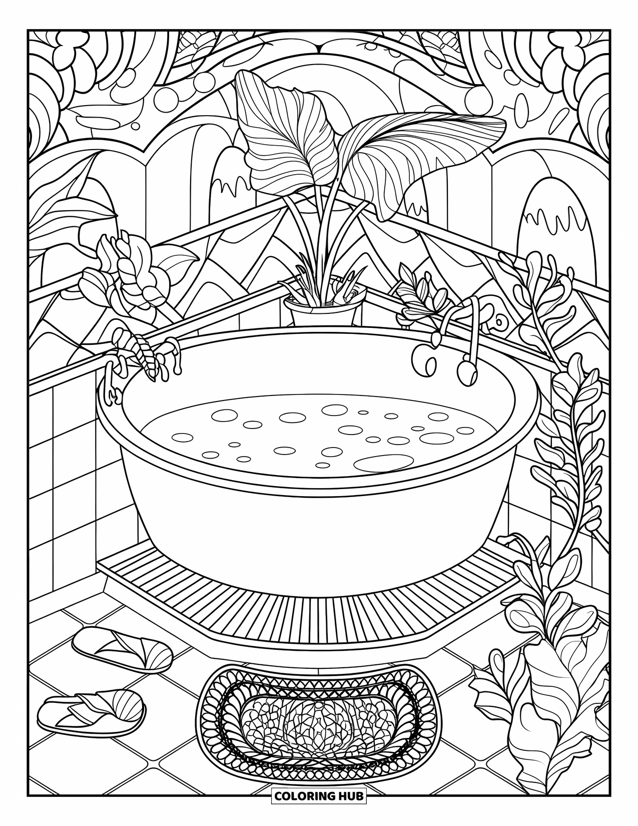 Bathroom Coloring Page for Adults: Soaking tub with plants, slippers, and cozy rug details