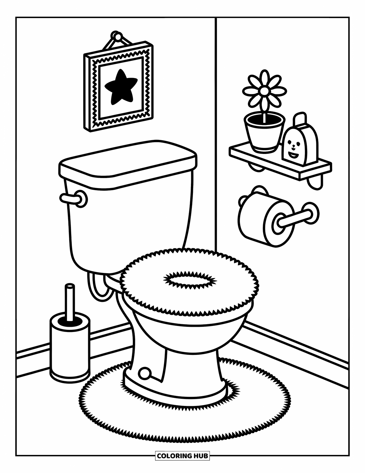 Bathroom Coloring Page for Adults: Toilet with cloud cover, ducky air freshener, and framed star picture
