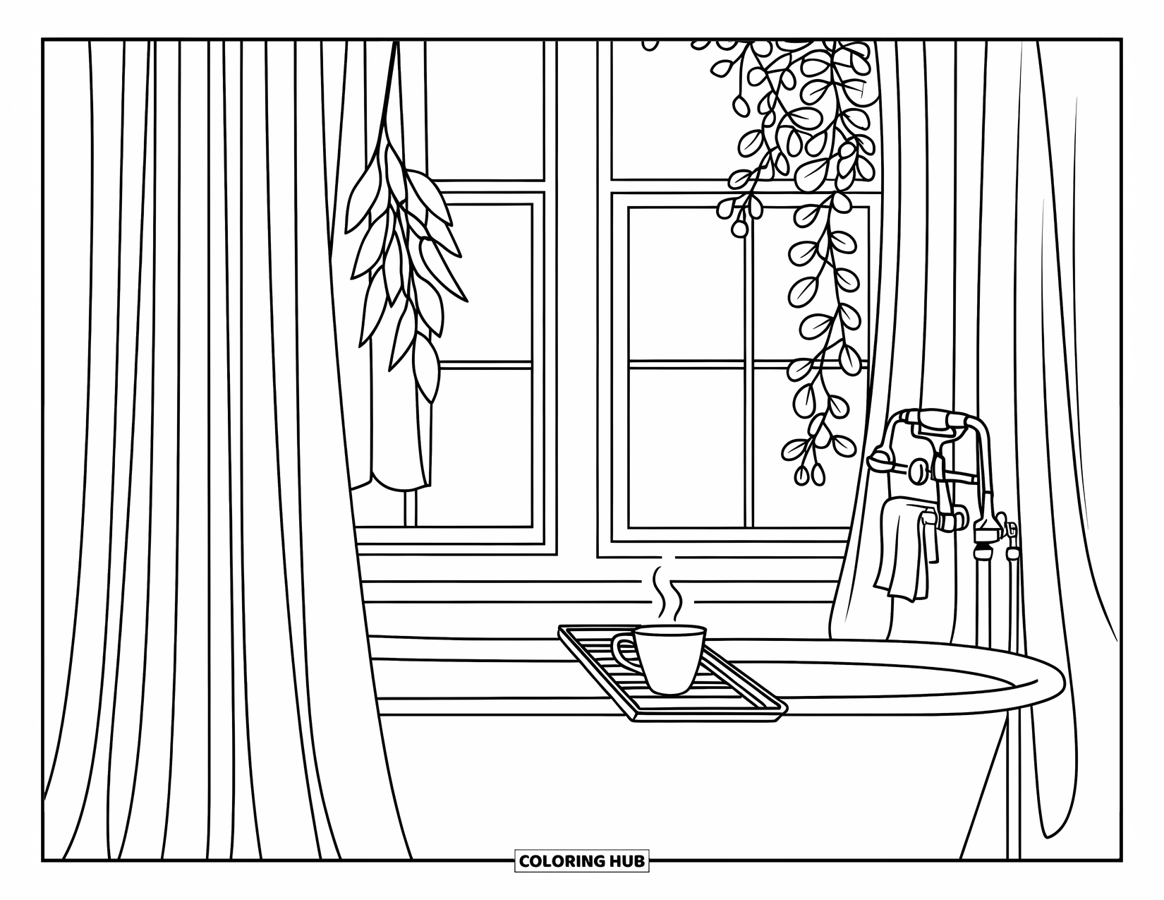 Bathroom Coloring Page for Adults: Window-side tub with tea, eucalyptus, and a towel hanging from a brass rack