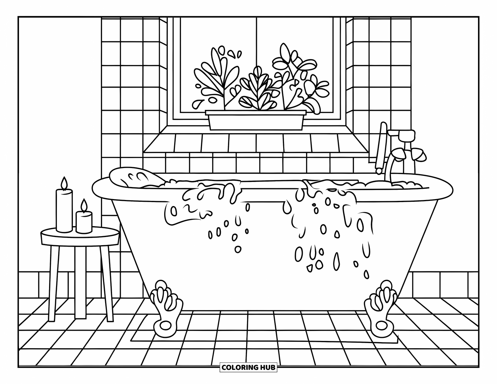 Bathroom Coloring Page for Kids: Bathroom with flowing tub, candles, and plants on a windowsill