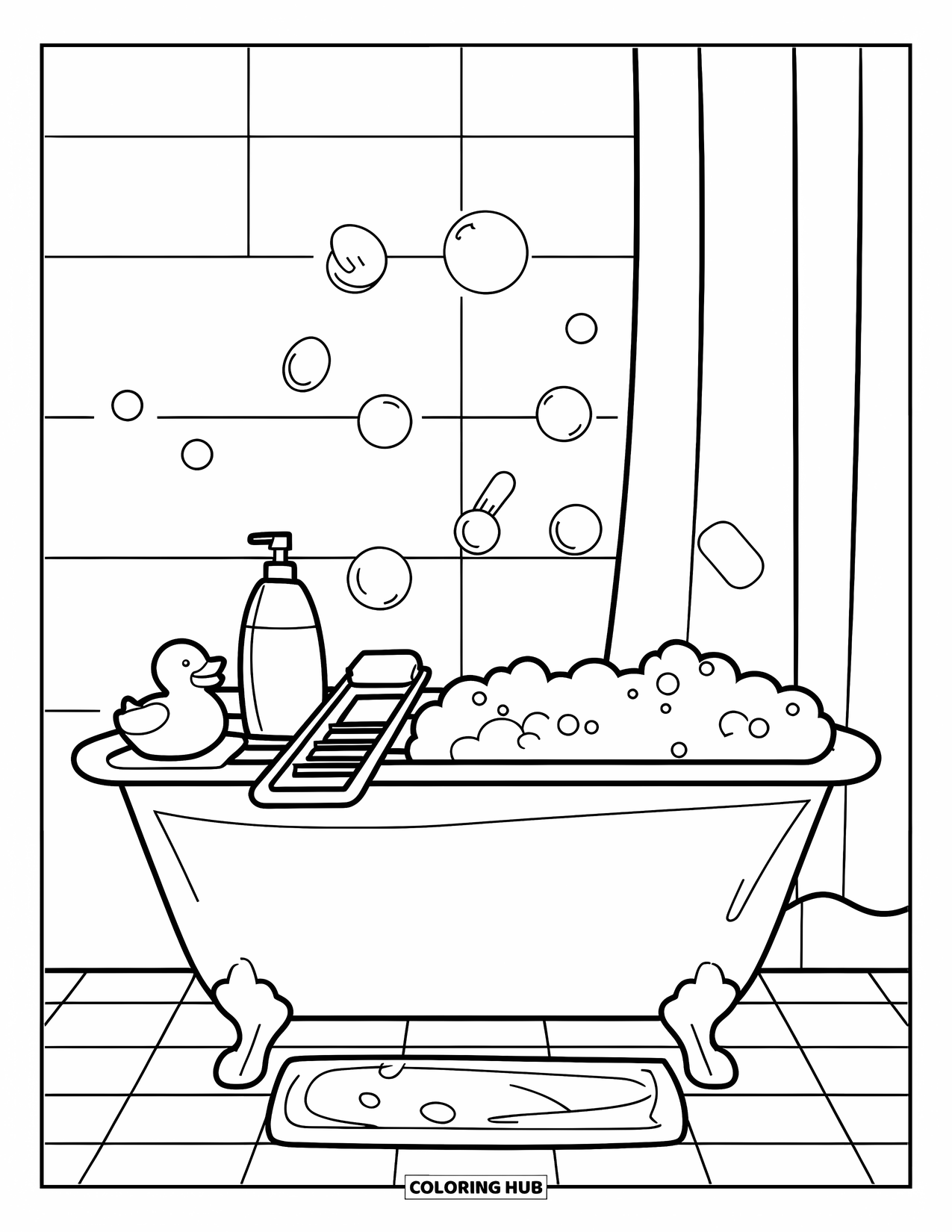 Bathroom Coloring Page for Kids: Bathtub filled with bubbles, a rubber duck, shampoo, and sponge in a tiled bathroom