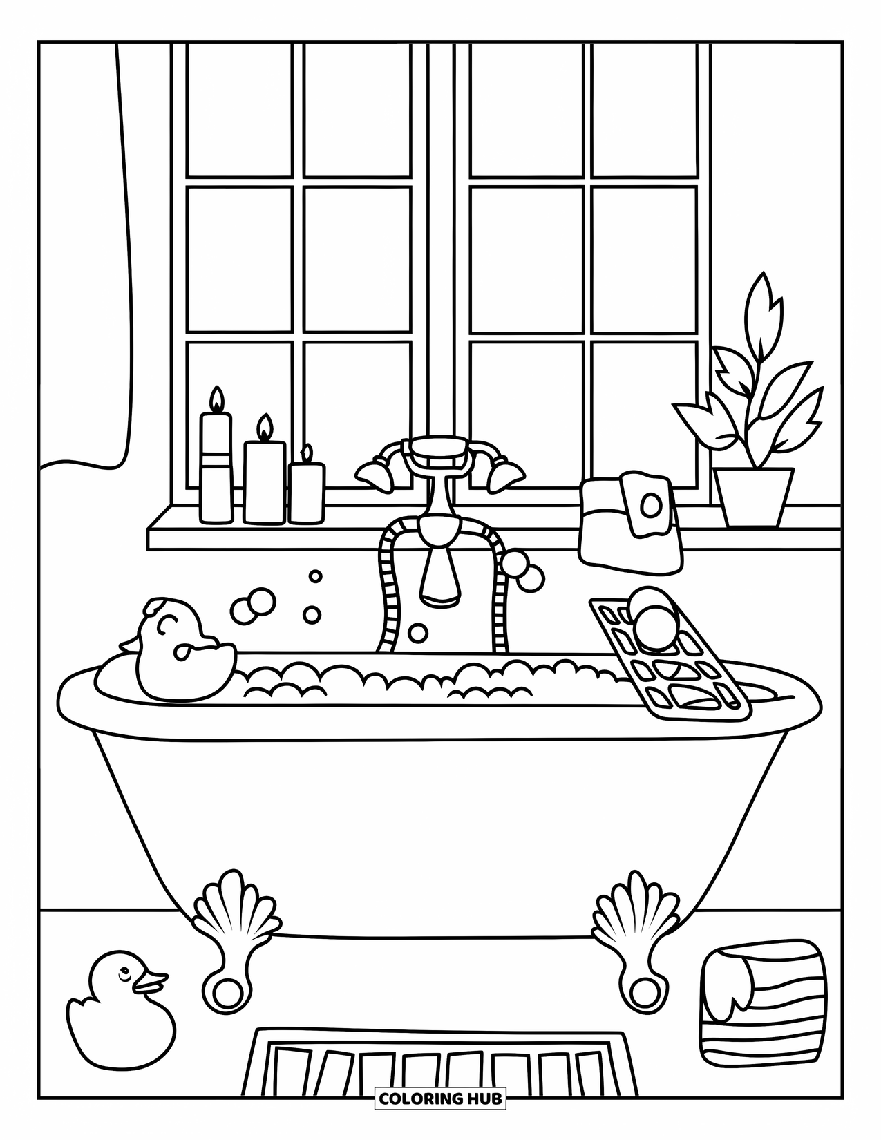 Bathroom Coloring Page for Kids: Bubble-filled tub with duck, shampoo, plant, candle, and a window nearby