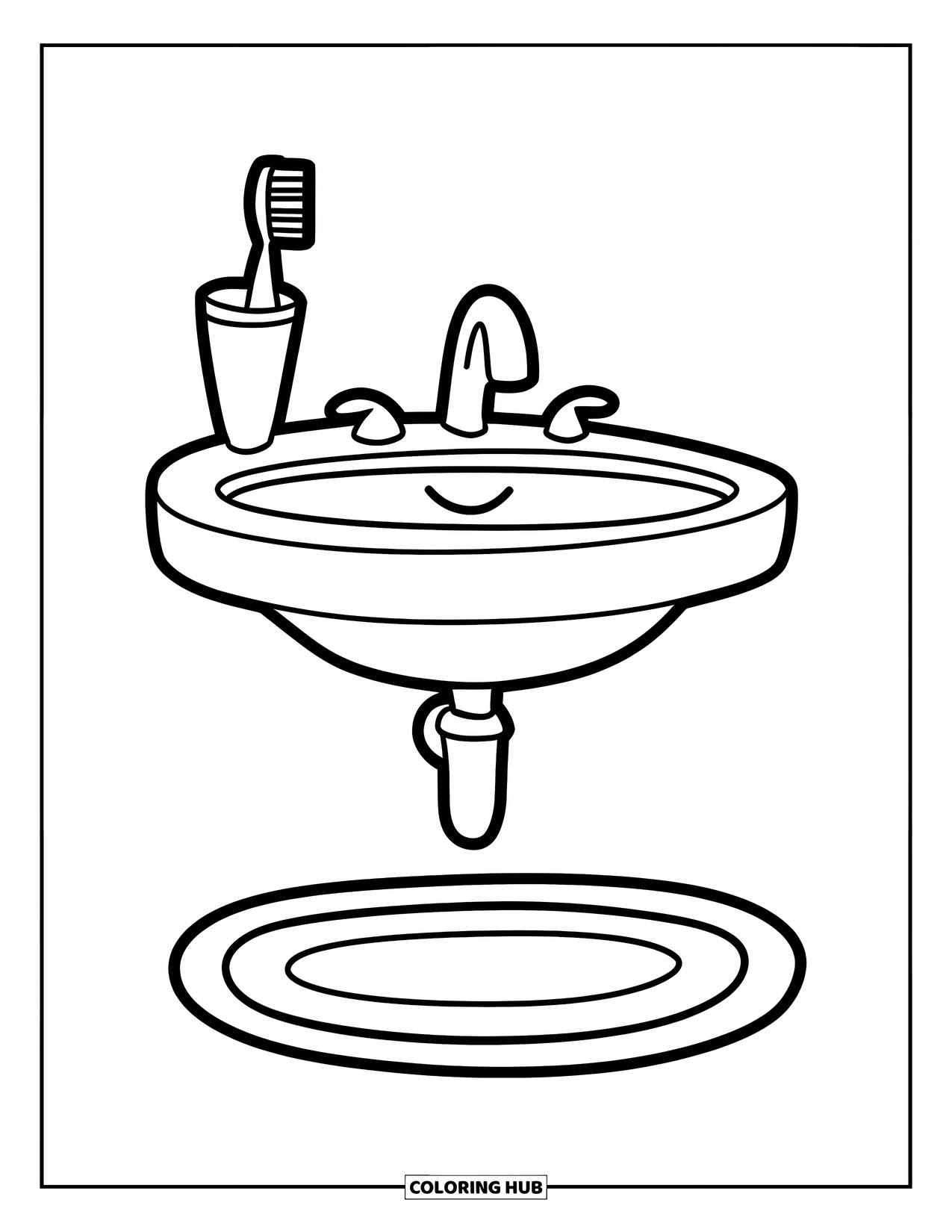Bathroom Coloring Page for Kids: Cheerful sink with holder and soft mat on a white background