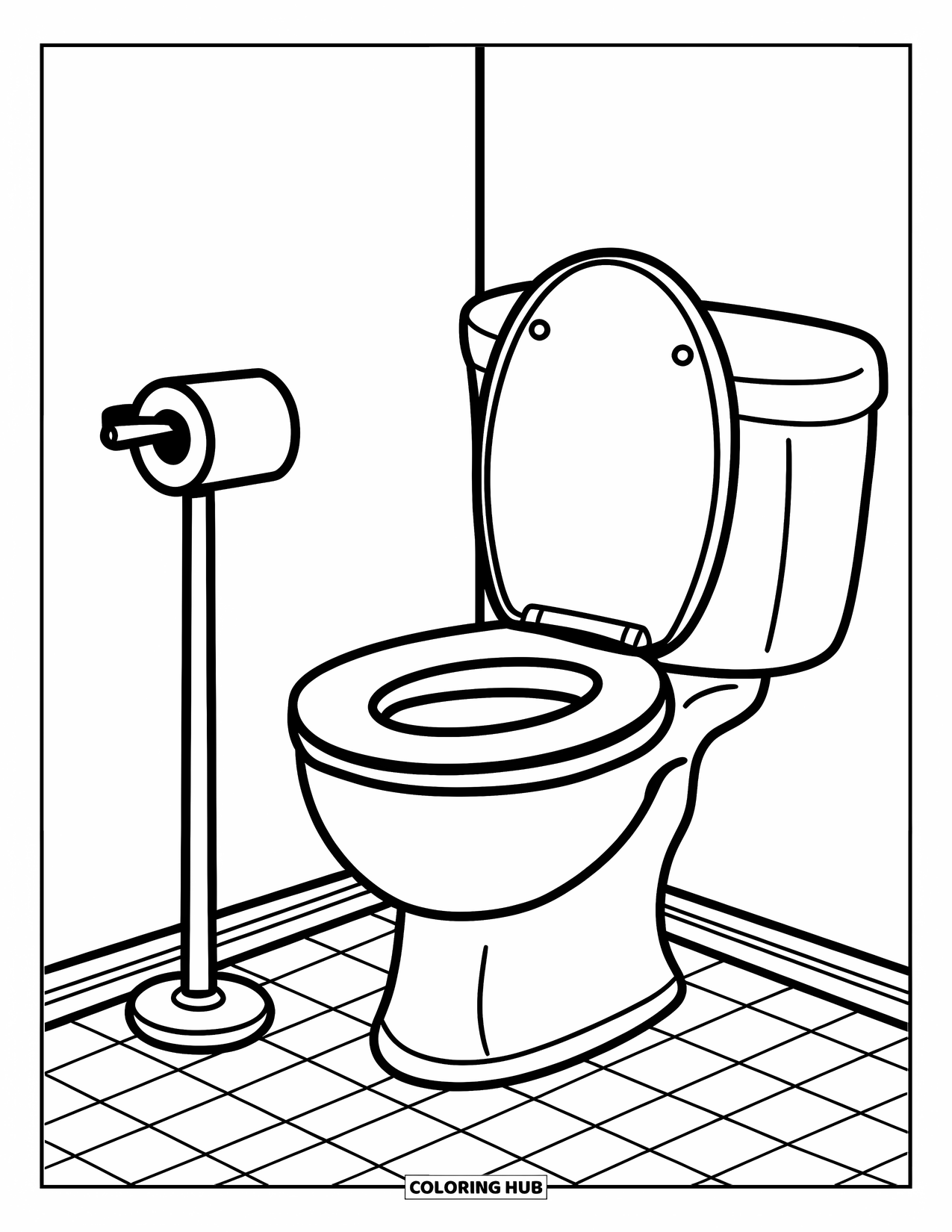 Bathroom Coloring Page for Kids: Clean toilet with roll on stand in a simple room