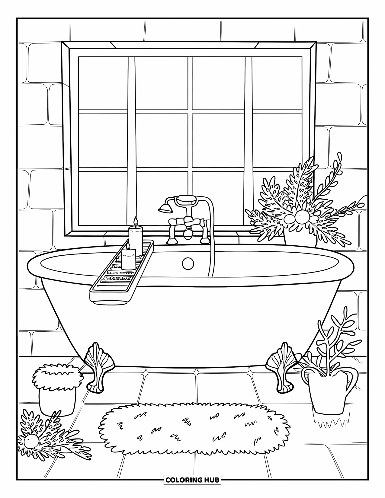 Bathroom Coloring Page for Kids: Cozy bath scene with tray, salts, towel, and leafy decor