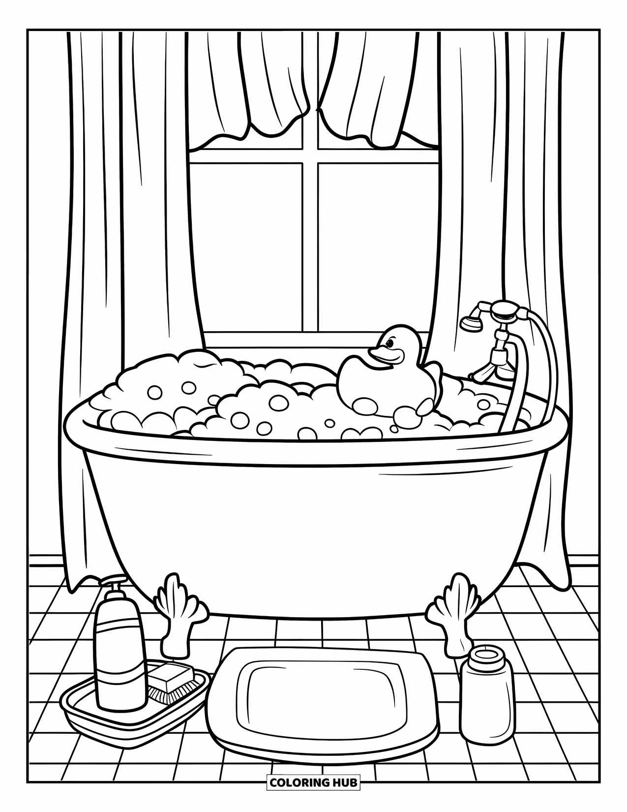 Bathroom Coloring Page for Kids: Cozy tub with bubbles, duck, shampoo, and a curtained window