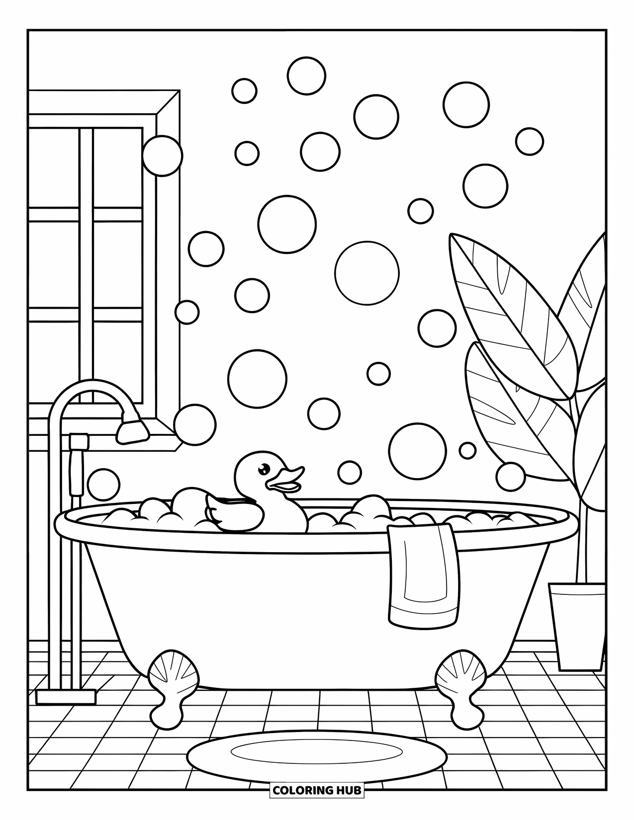 Bathroom Coloring Page for Kids: Large tub with rubber duck, bubbles, towel, and a window view