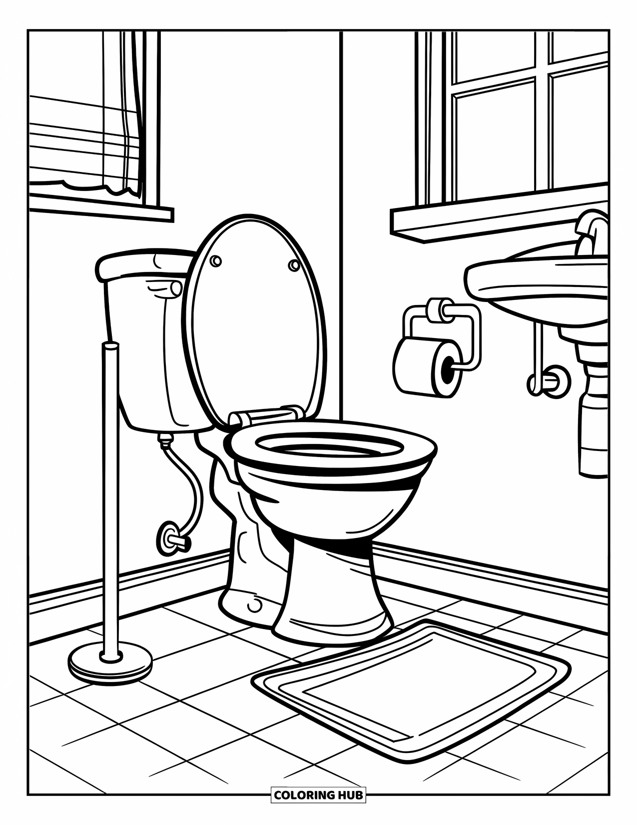 Bathroom Coloring Page for Kids: Toilet with lid closed, paper roll, mat, and small bathroom details