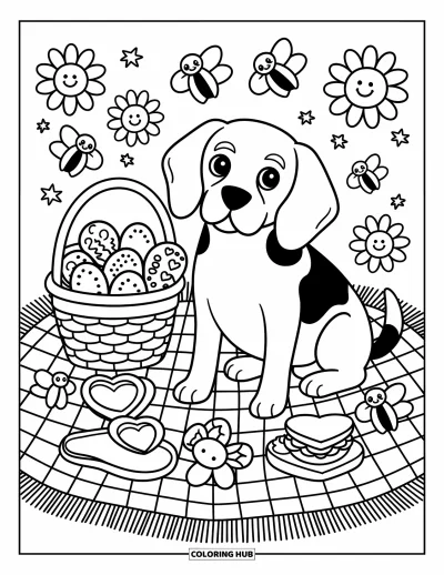 Desen de colorat cu beagle pentru adulți: Beagle la un picnic cu bento box, bol cu inimă și albine zumzăind