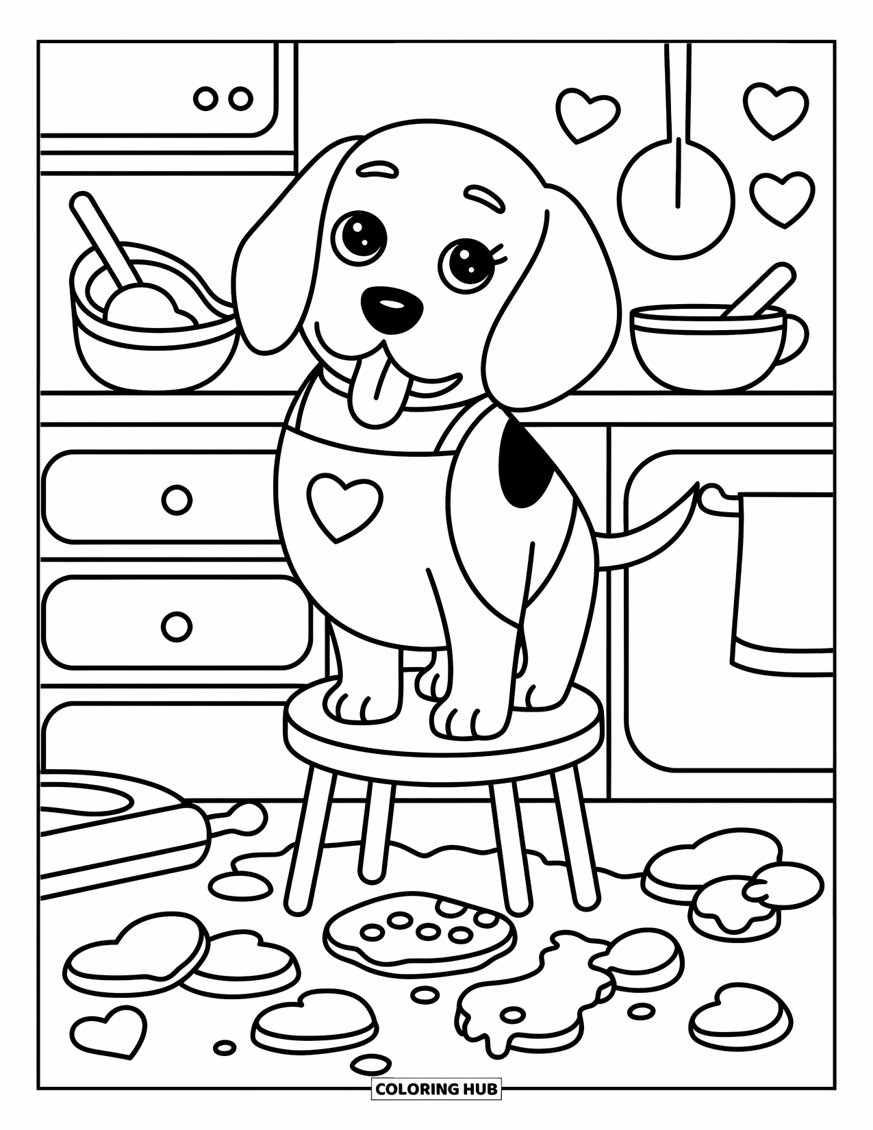 Beagle Coloring Page for Adults: Beagle in apron baking cookies with paw dipped in dough and flour around