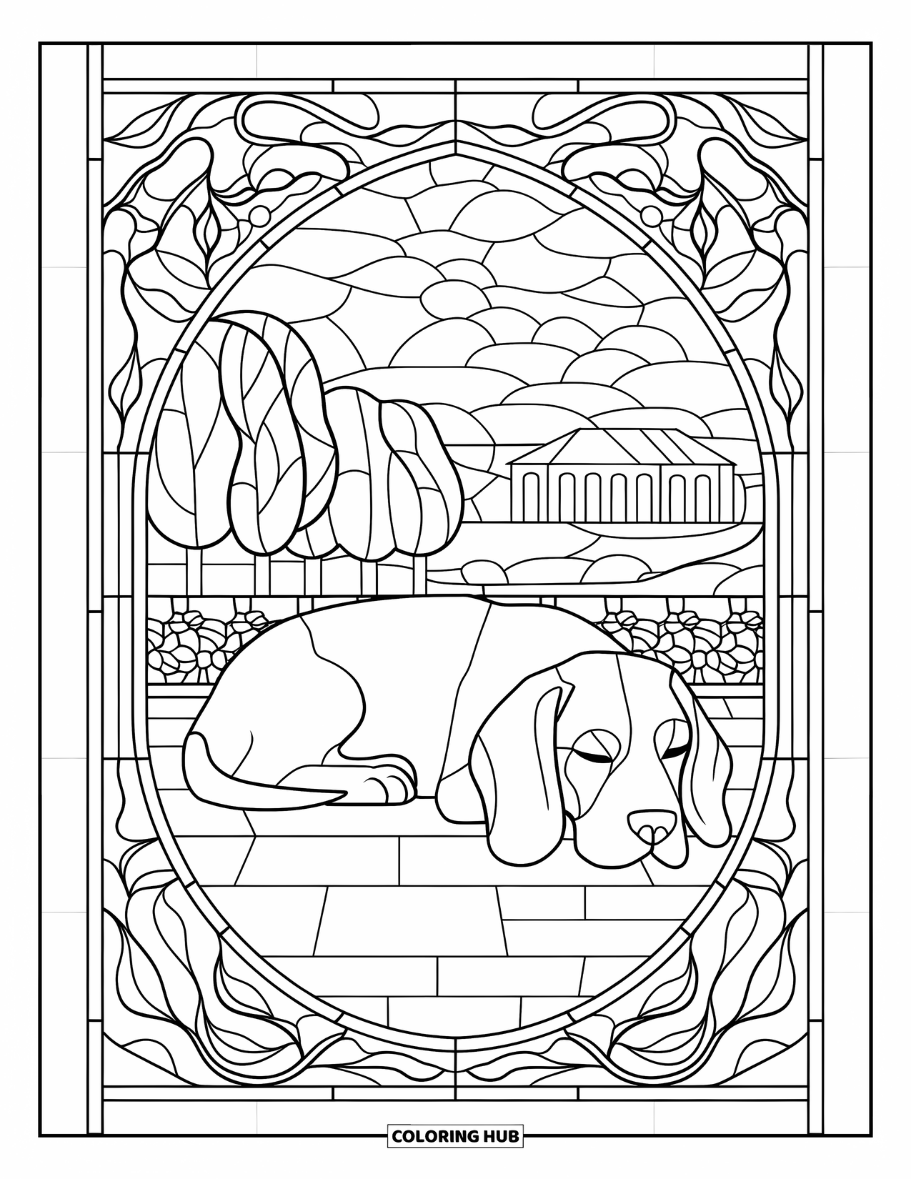 Beagle Coloring Page for Adults: Beagle lying on stone beneath a stained glass window showing trees and sky