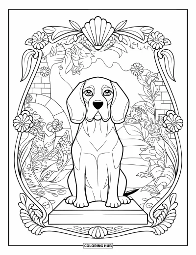 Desen de colorat cu beagle pentru adulți: Beagle pe un soclu de piatră decorat cu detalii florale și frunze ornamentate