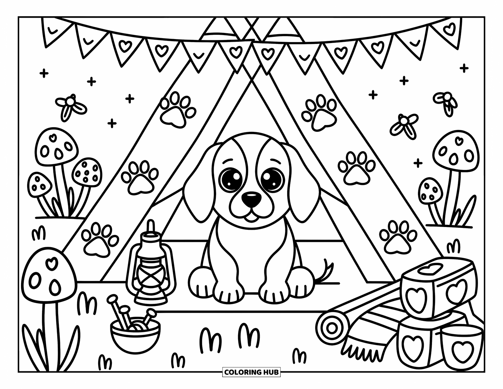 Beagle Coloring Page for Adults: Beagle peeking from a patchy tent, surrounded by forest mushrooms and twinkling lights