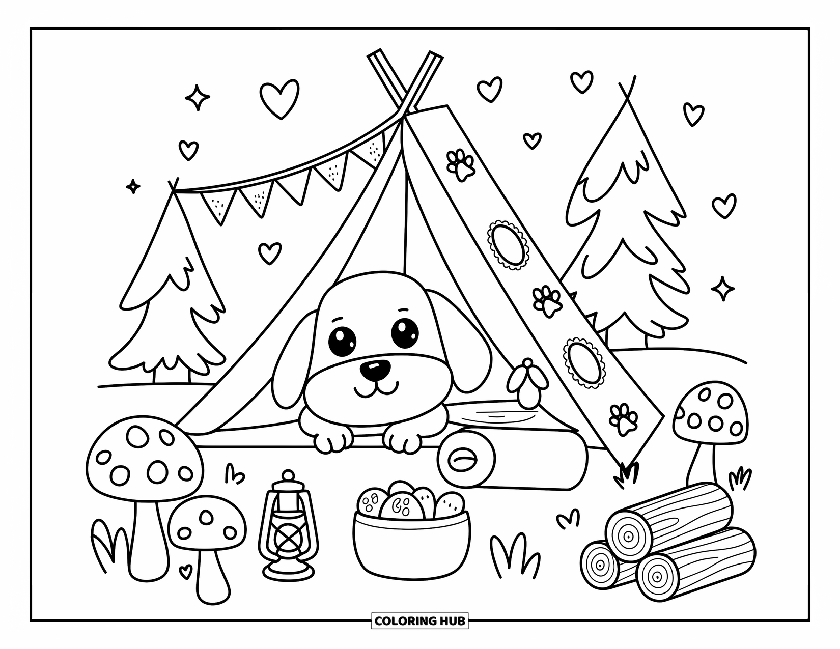 Beagle Coloring Page for Adults: Beagle peeking from a tent with lantern, snacks, and fireflies in the forest