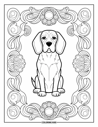 Desen de colorat cu beagle pentru adulți: Beagle stând calm cu urechile pliate și decorațiuni florale în jur
