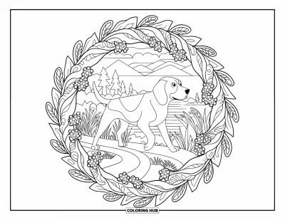 Desen de colorat cu beagle pentru adulți: Beagle mergând într-un mandala floral cu nori, copaci și priveliști line de apă
