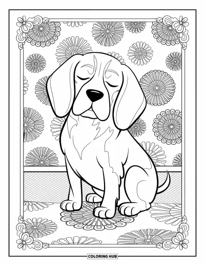 Desen de colorat cu beagle pentru adulți: Beagle cu urechi pliate odihnind pe sol floral ornamentat cu borduri decorative