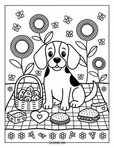 Desen de colorat cu beagle pentru adulți: Beagle cu gustări și flori bucurându-se de un picnic pe o pajiște însorită