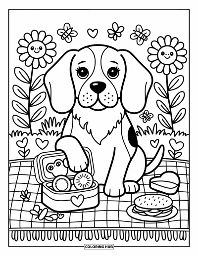 Desen de colorat cu beagle pentru adulți: Beagle fermecător cu delicii, albine și floarea-soarelui pe o pătură în carouri