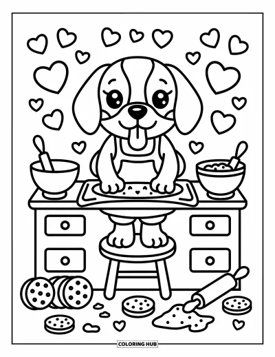 Desen de colorat cu beagle pentru adulți: Beagle vesel în bucătărie coacând biscuiți cu ustensile drăguțe de patiserie