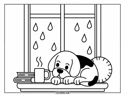 Desen de colorat cu beagle pentru adulți: Beagle privind calm pe geam în ploaie, lângă cărți și o cană aburindă