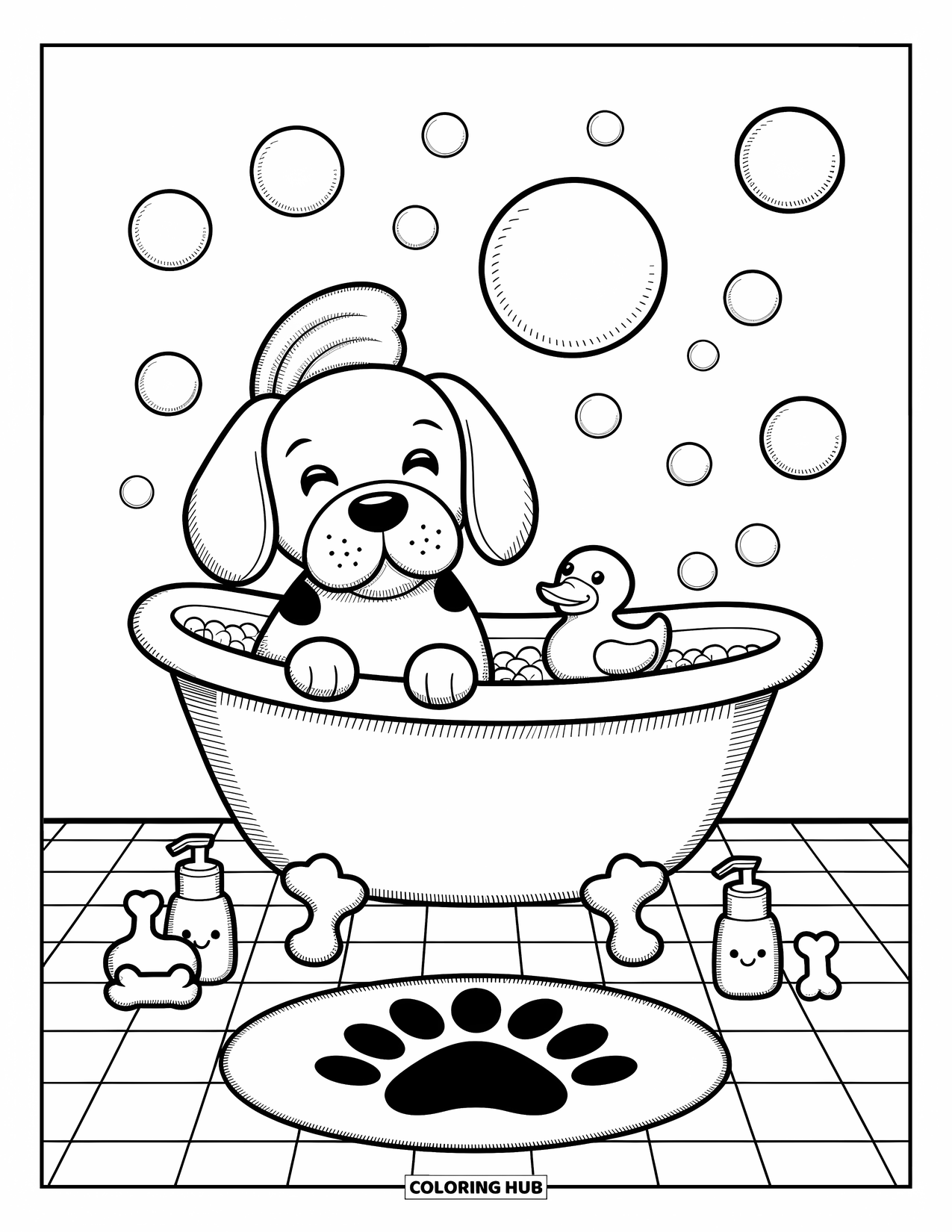 Beagle Coloring Page for Adults: Cozy beagle in the bath with bubbly friends and a pawprint rug nearby