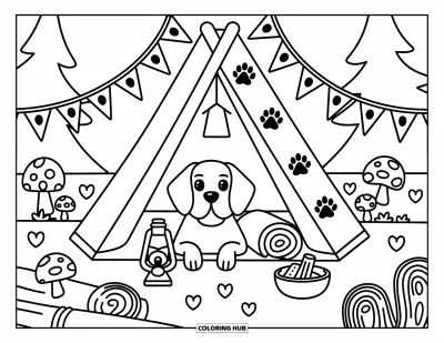 Desen de colorat cu beagle pentru adulți: Beagle adorabil într-un cort cu detalii de pădure și licurici jucăuși afară