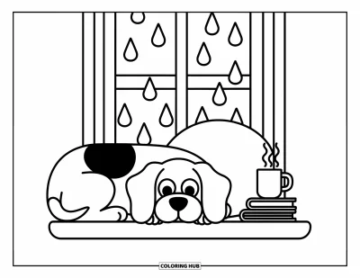 Desen de colorat cu beagle pentru adulți: Beagle drăguț odihnind lângă o fereastră cu ploaie, cărți și o pernă