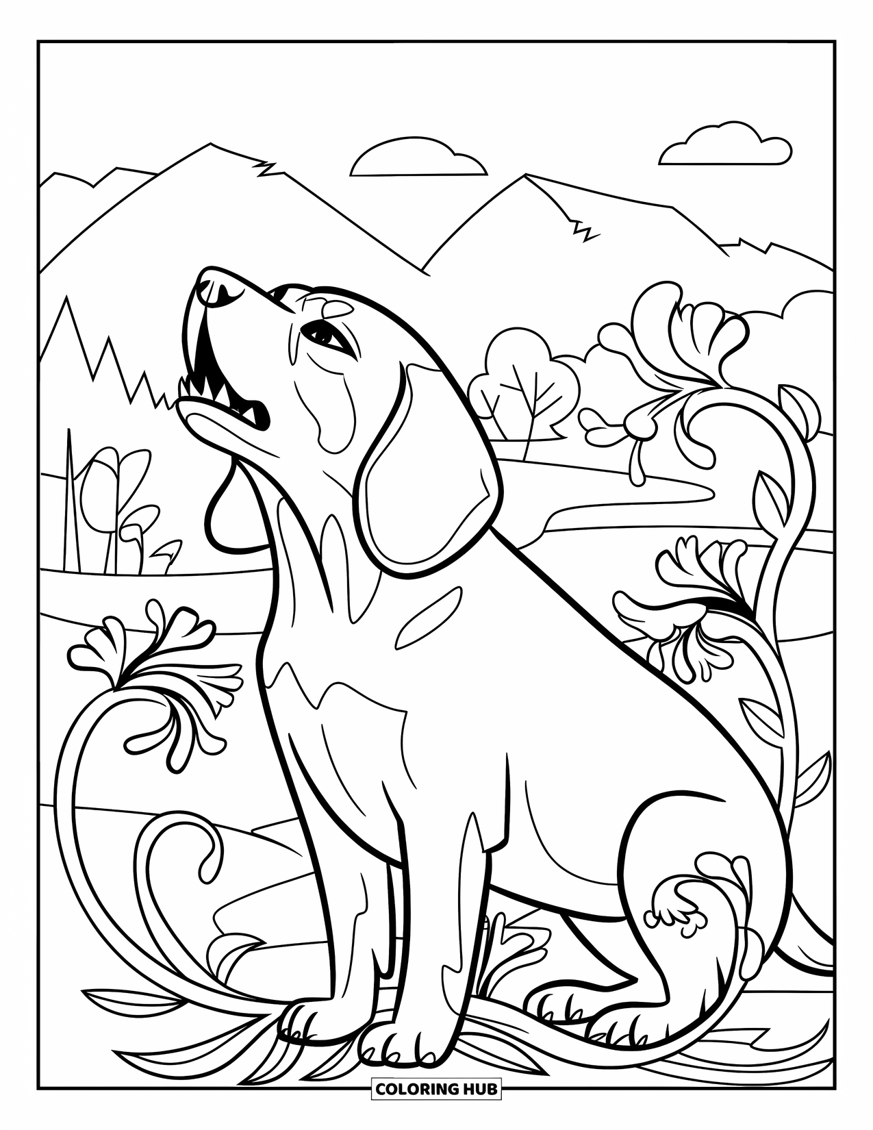 Beagle Coloring Page for Adults: Howling beagle framed by flowers and trees under a peaceful sky