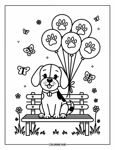 Desen de colorat cu beagle pentru adulți: Beagle bucuros ținând baloane pe o bancă cu fluturi și floricele
