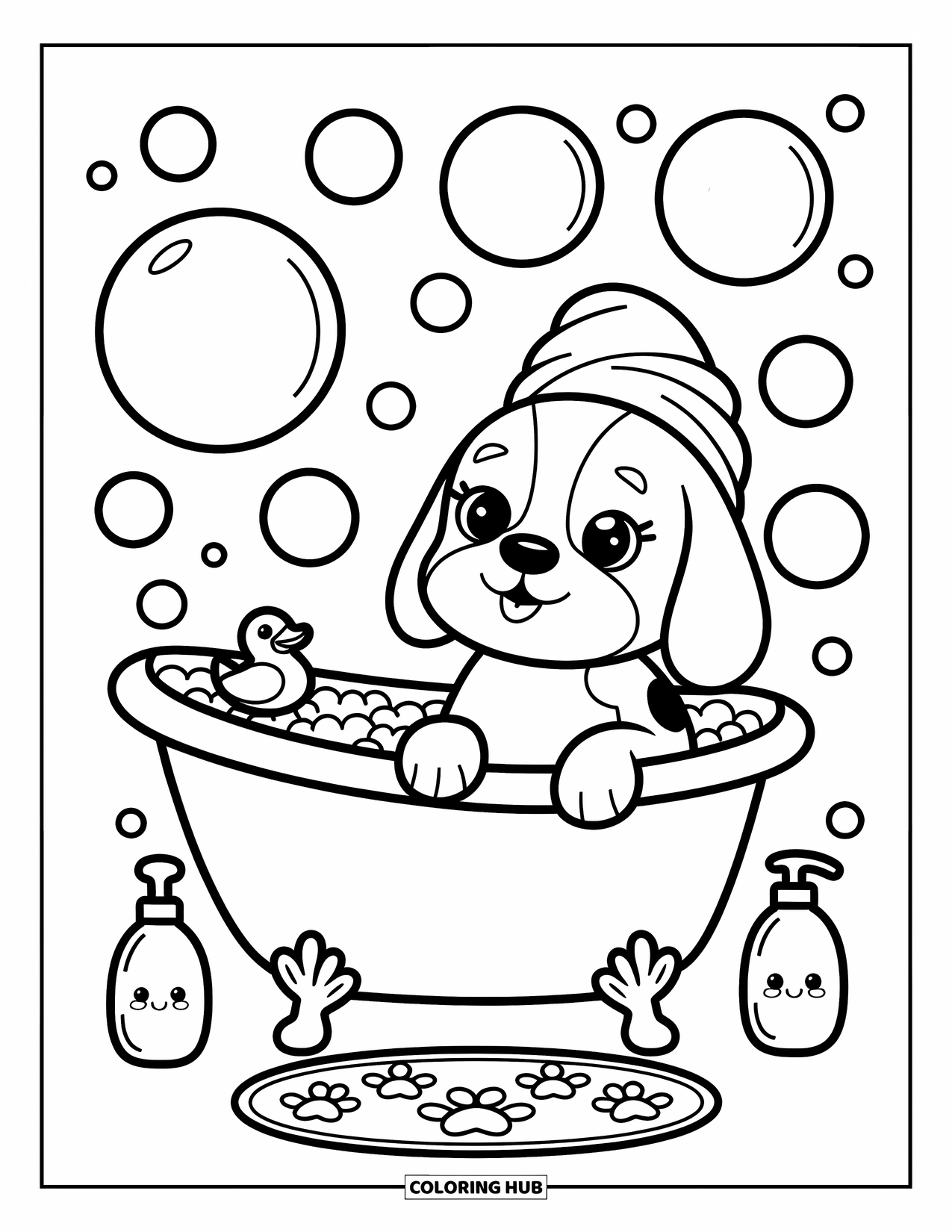 Beagle Coloring Page for Adults: Relaxed beagle in a tub with happy bubbles and a tiny rubber duck