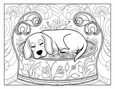 Desen de colorat cu beagle pentru adulți: Beagle adormit în straturi de flori cu modele botanice în spirală în jur