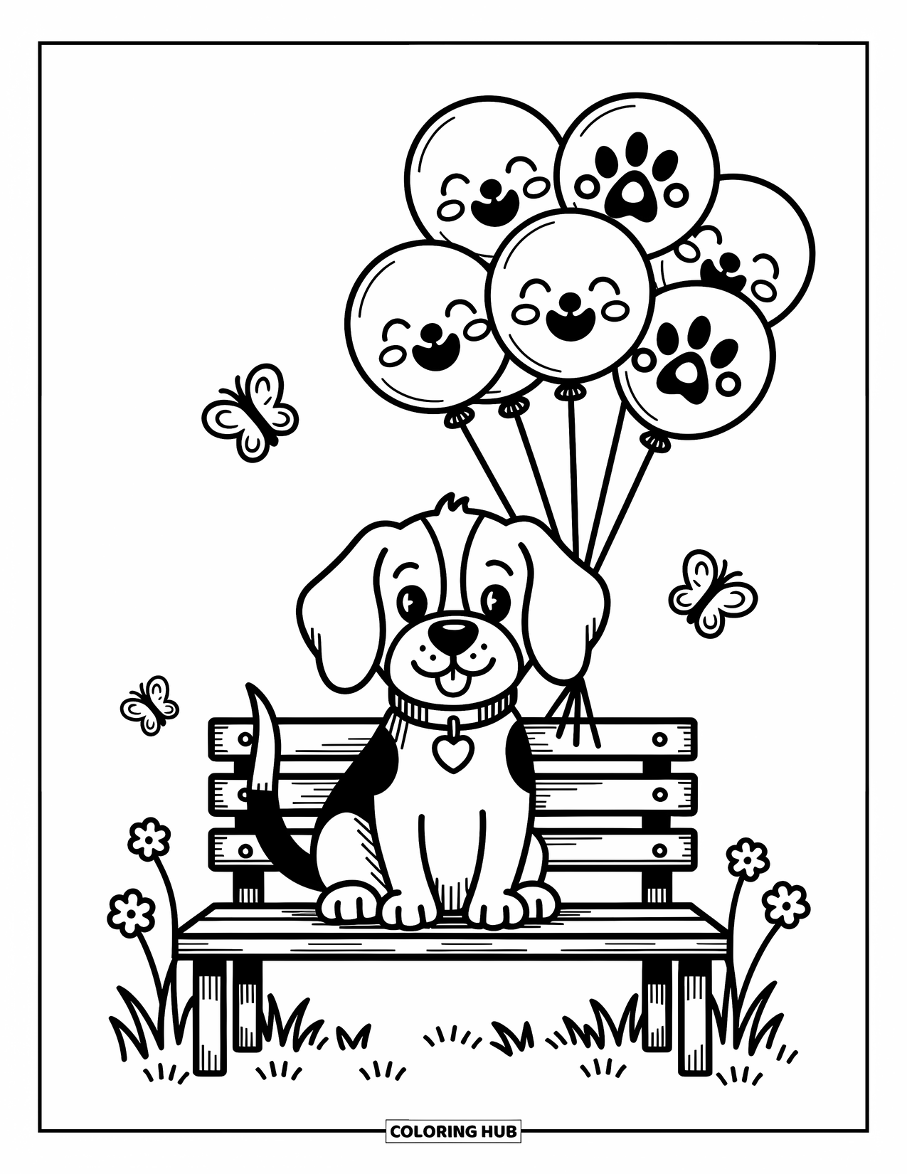 Beagle Coloring Page for Adults: Smiling beagle on a bench with balloons, butterflies, and flowers all around